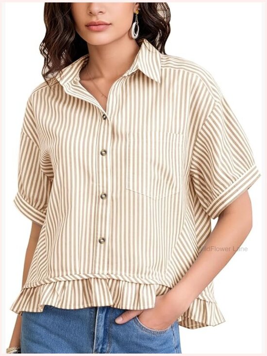 Tops - Cropped Striped Button Down Short Sleeve Ruffled Blouse Casual Summer
